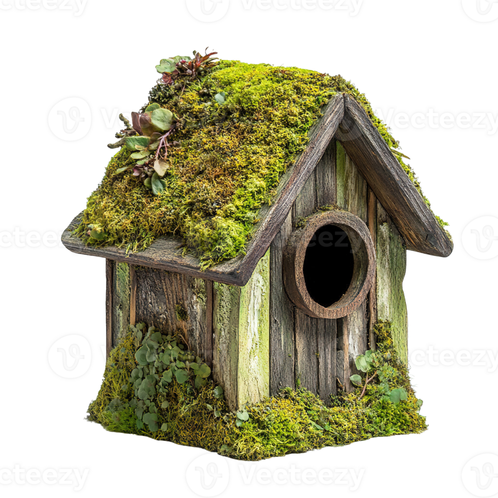 Whimsical rustic birdhouse covered in lush green moss and succulents isolated on a transparent background png