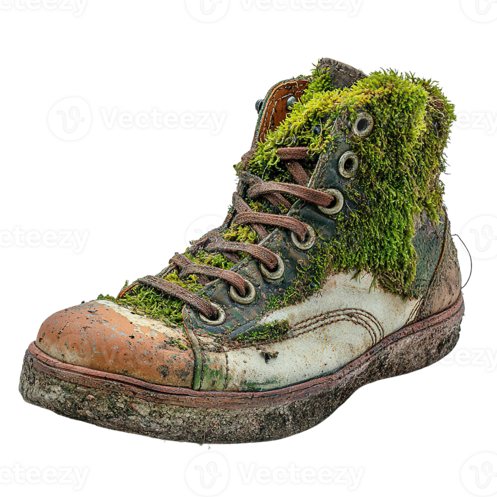 Rustic footwear with natural moss growth isolated on transparent background png