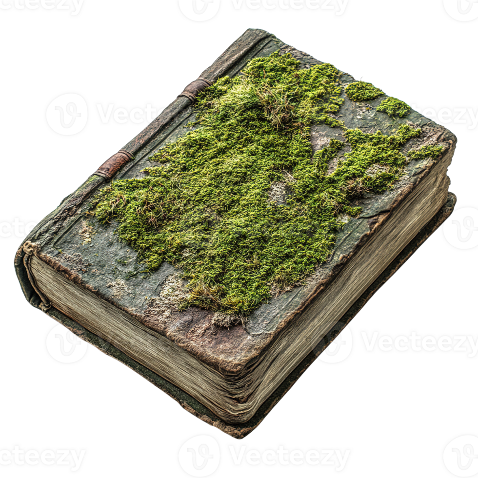 Enigmatic Ancient Book Draped in Moss Isolated on Transparent Background png