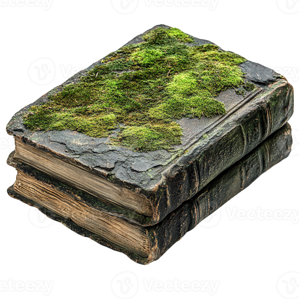 Weathered Ancient Books Covered in Moss with Rustic and Mysterious Charm Isolated on Transparent Background png