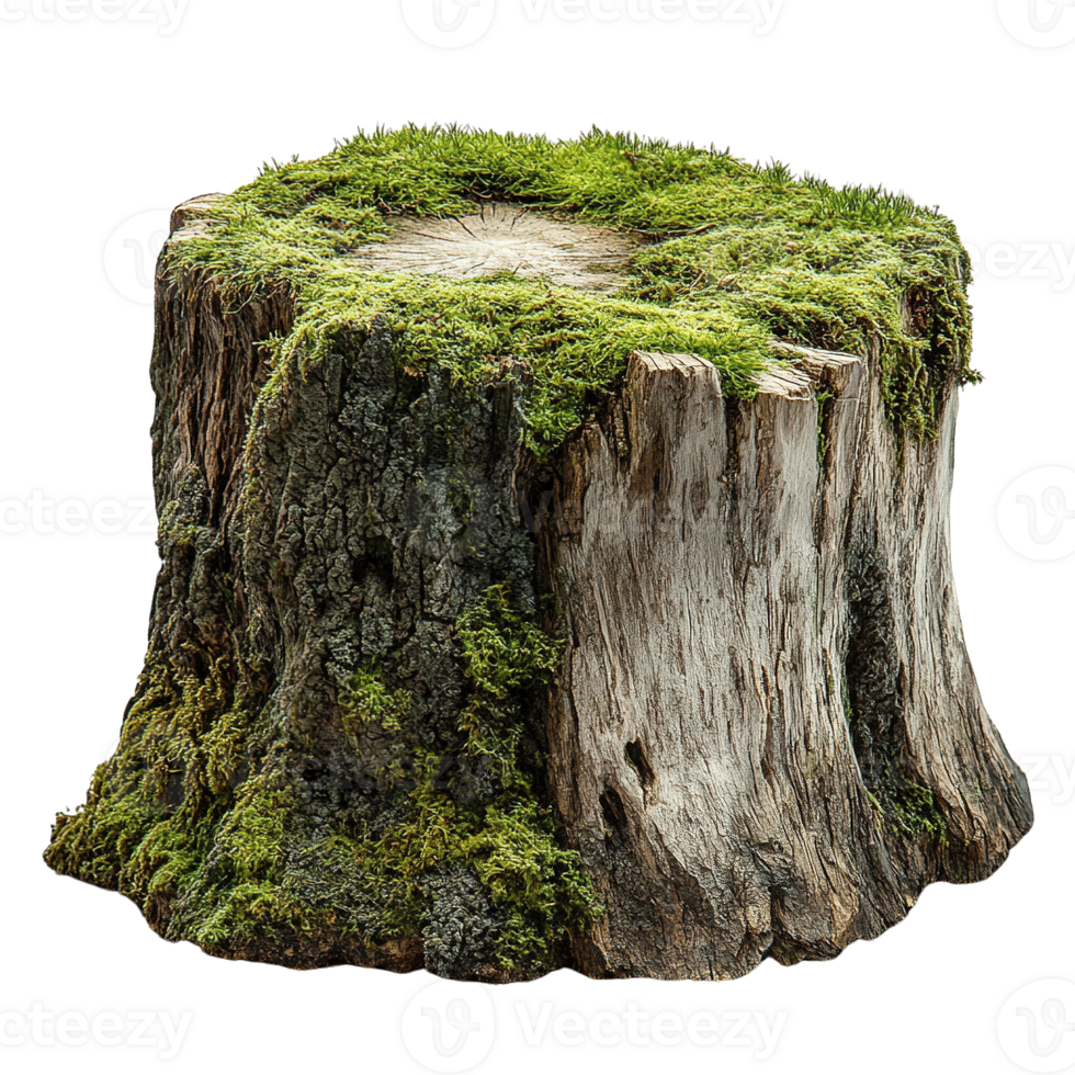 Weathered tree stump reclaimed by nature featuring vibrant green moss isolated on transparent background png