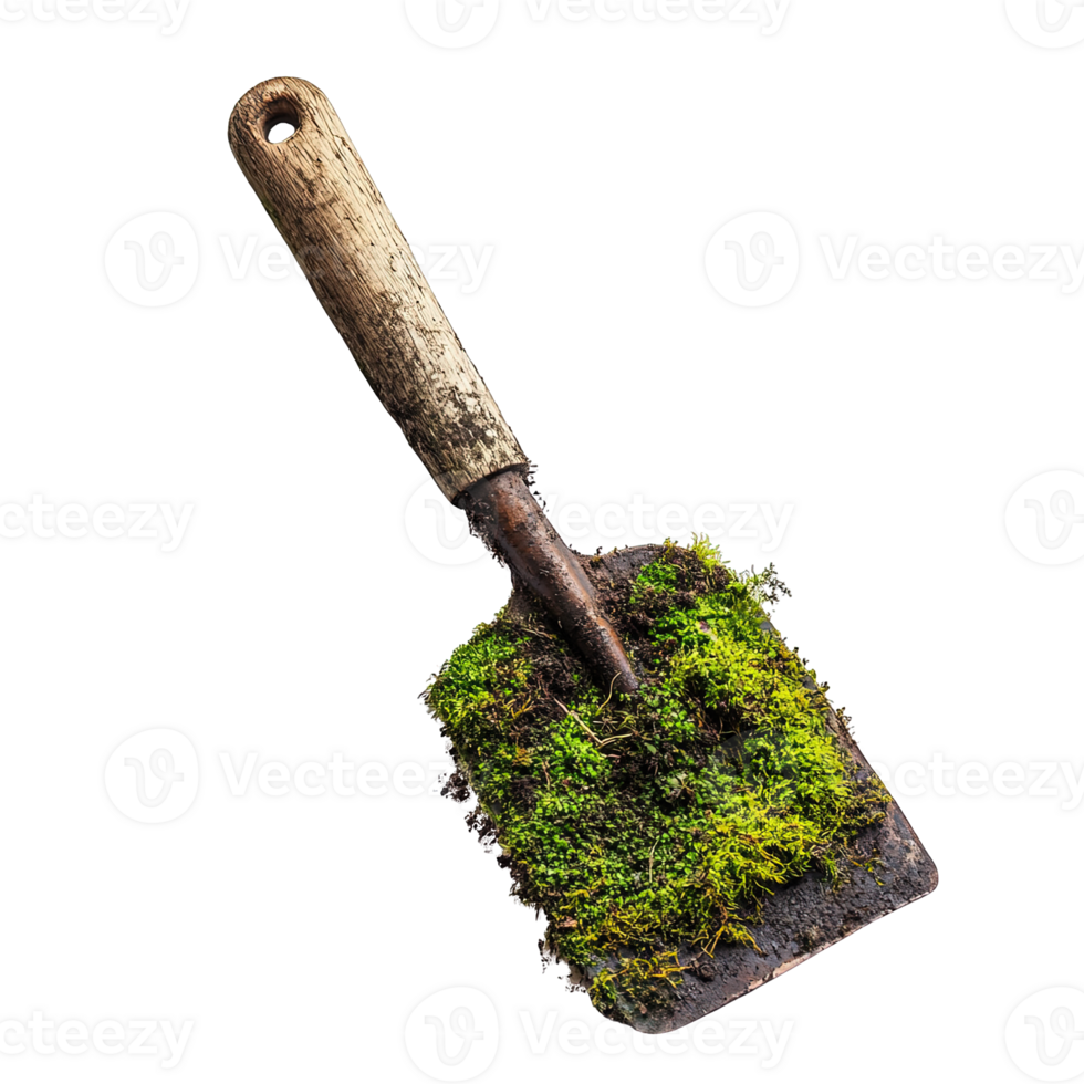 Heavily Used Garden Trowel with Blade Covered in Green Moss on Transparent Background png
