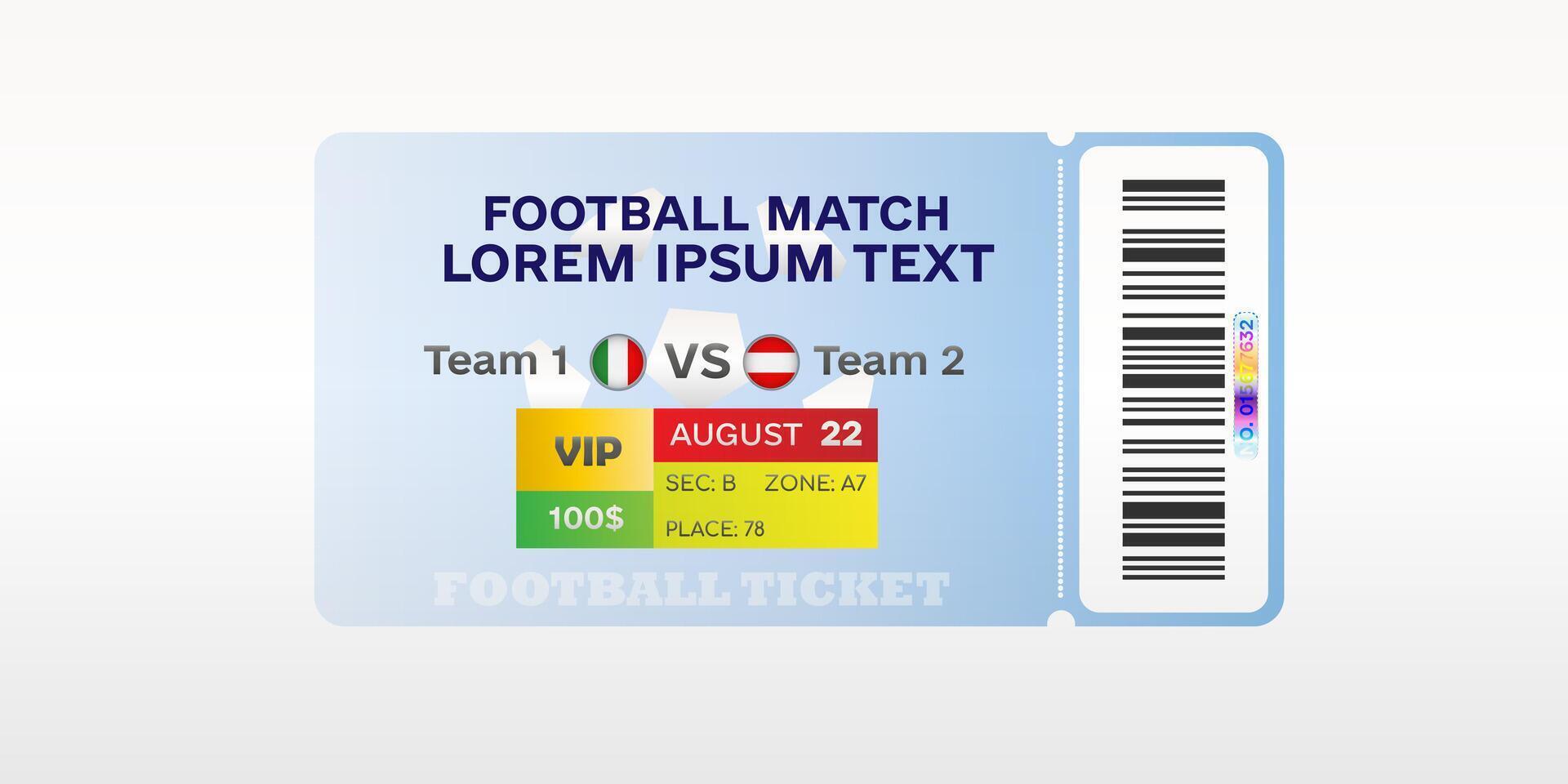 Football match ticket template with barcode and placeholder text on blue background. Sports event admission pass design vector