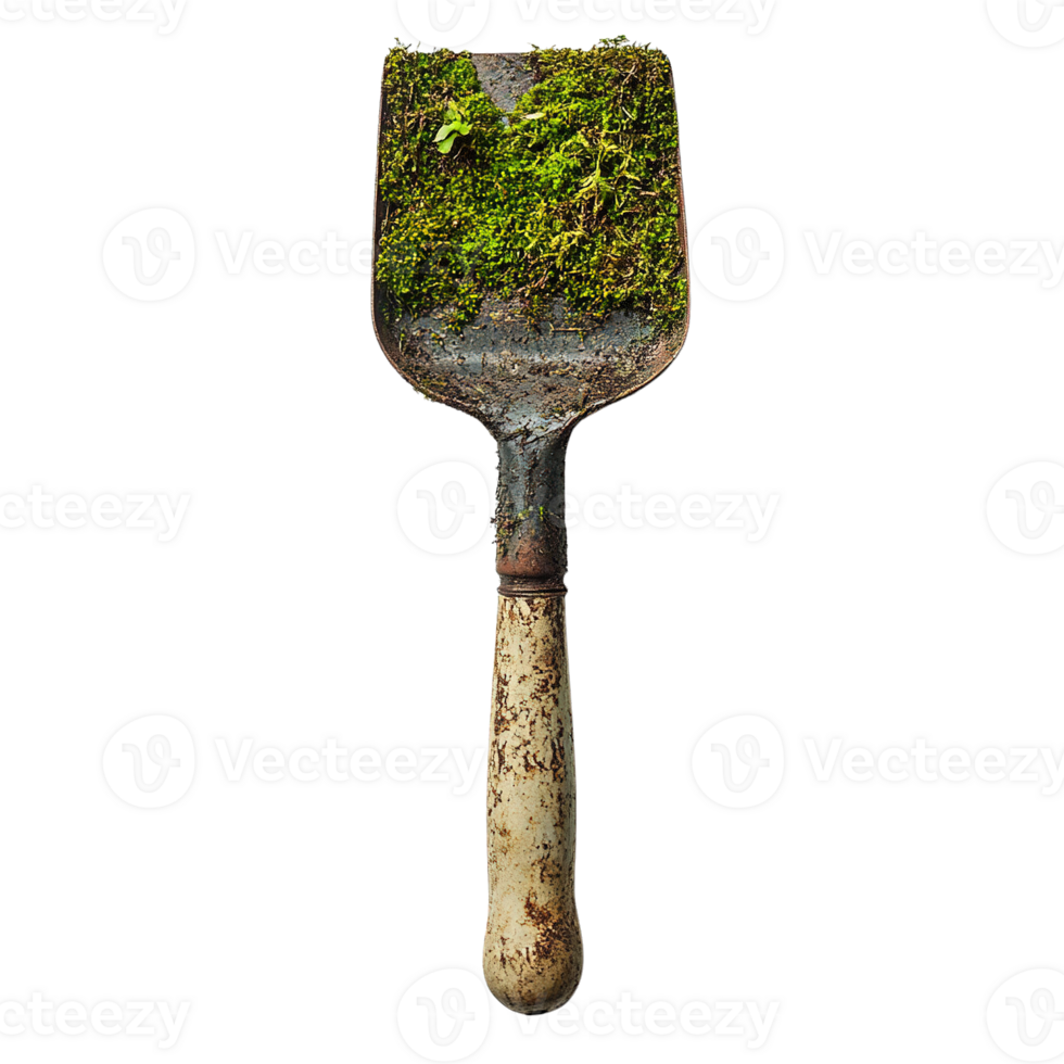 Old, Weathered Trowel with Rust and Moss Highlighting Long-Term Use on Transparent Background png
