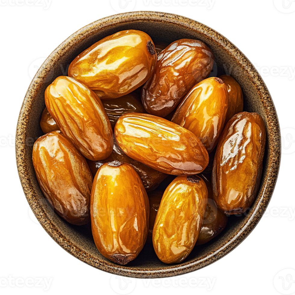 Glazed Golden Dates with Smooth Shiny Surface in Small Rustic Bowl png