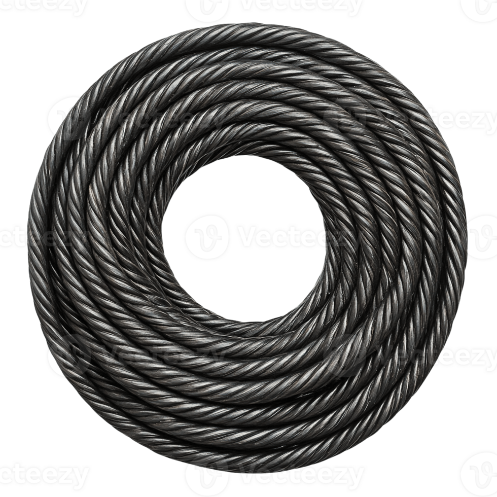 Coiled steel cable with polished surface and industrial strength isolated on transparent background png