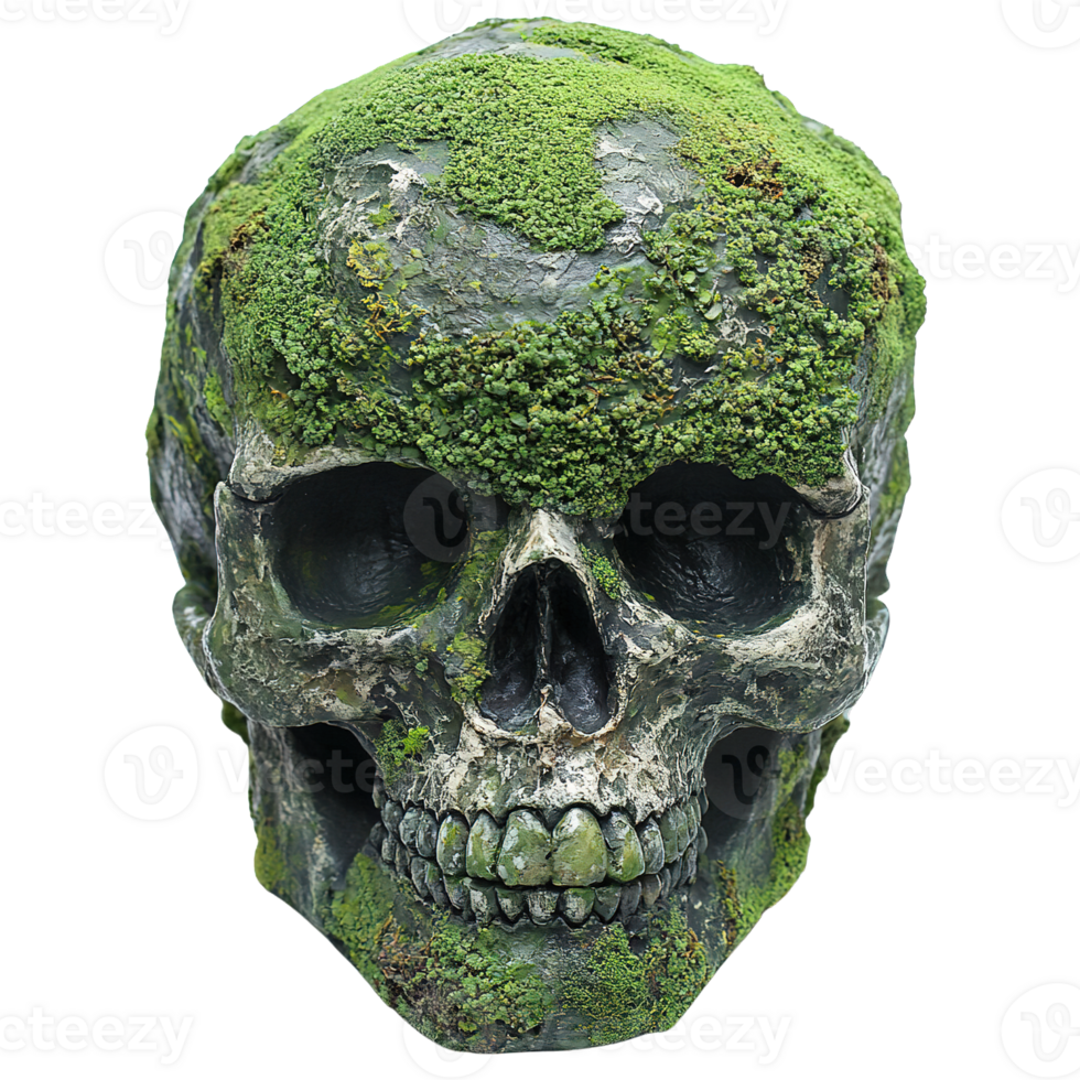 Fantasy-inspired mossy human skull isolated on transparent background png