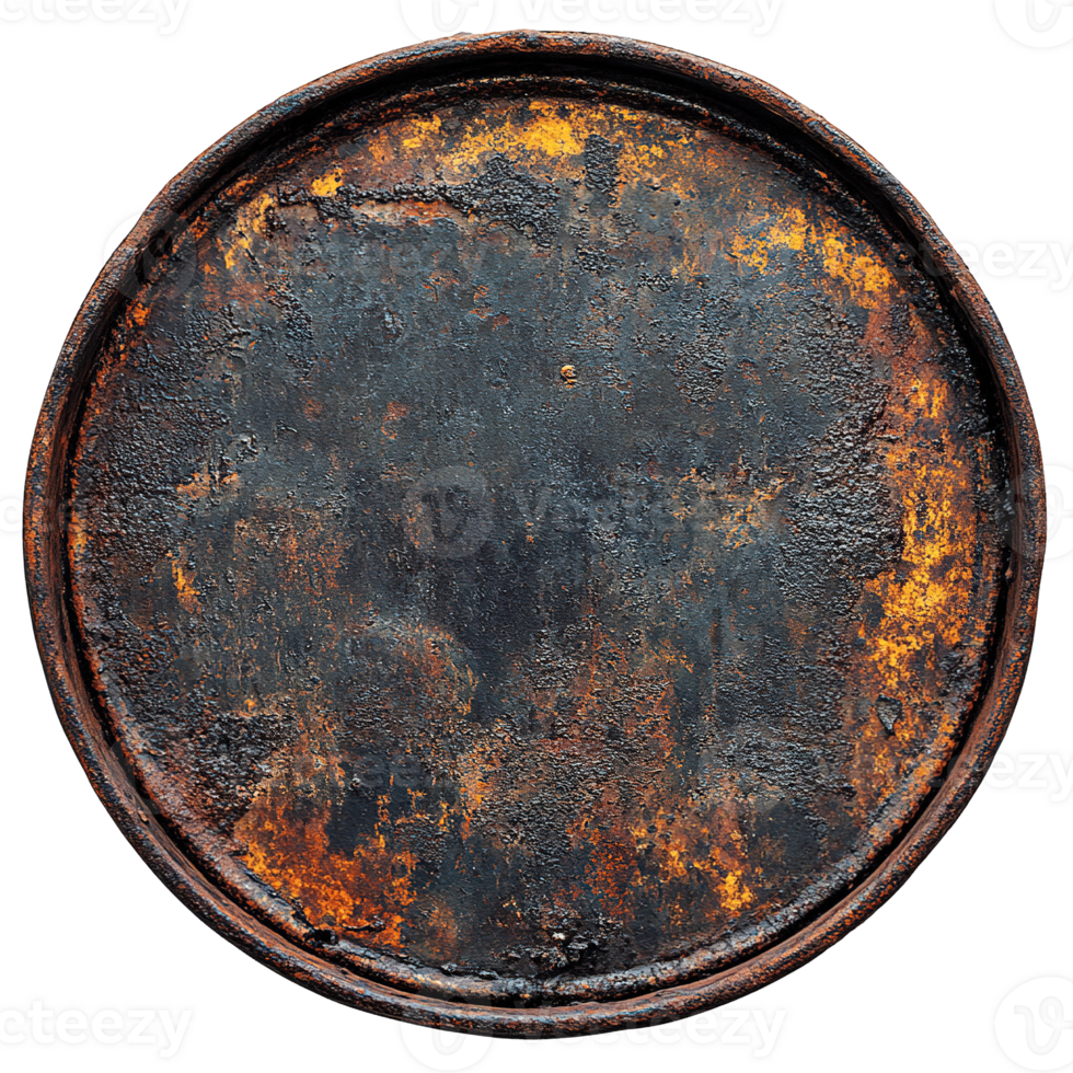 Rustic industrial steel drum lid with natural aging isolated on transparent background png