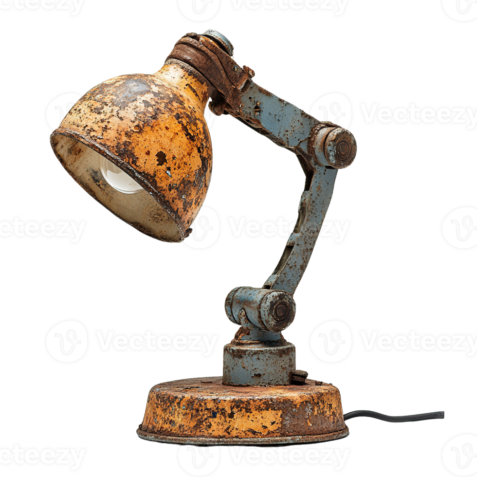 Old fashioned industrial lamp with rusty texture and faded colors isolated on transparent background png