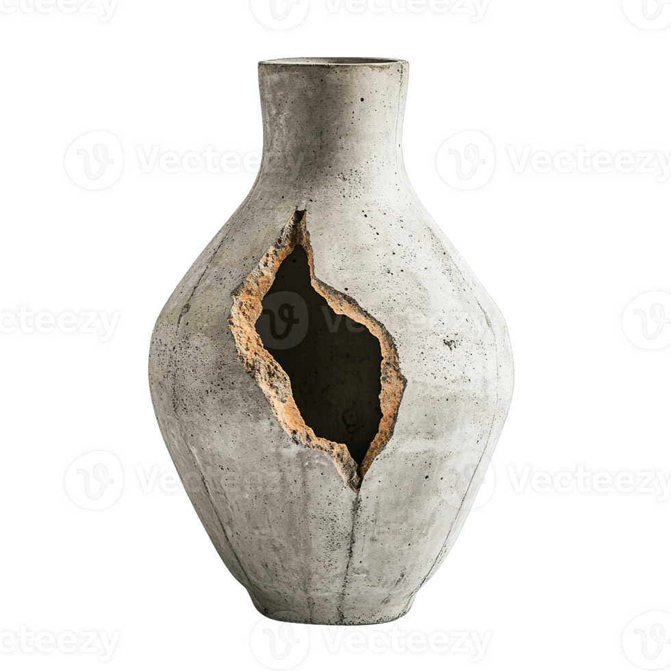 Handmade Cracked Cement Vase with Organic Lines and Textured Surface Isolated on Transparent Background png
