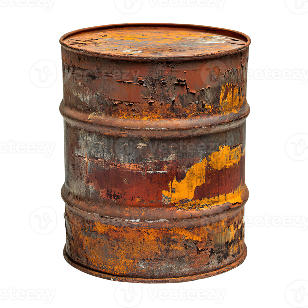 Old steel barrel with corroded surface peeling paint and rugged charm isolated on transparent background png