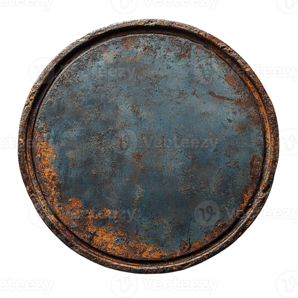 Weathered steel drum cover with grunge rusty texture isolated on transparent background png