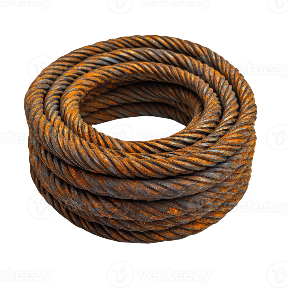 Coiled steel wire rope with corrosion and rough patina isolated on transparent background png