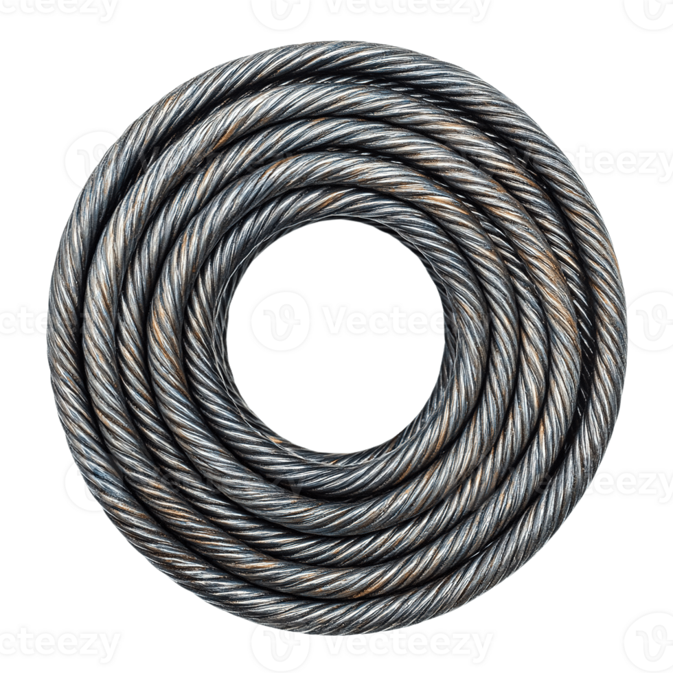 Durable steel cable coil with rugged industrial texture isolated on transparent background png