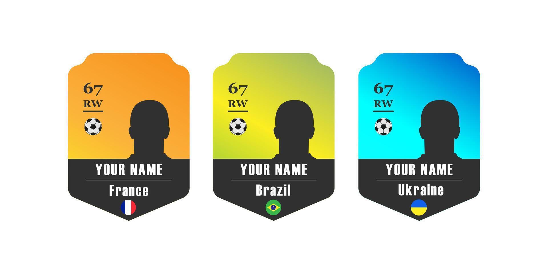 Custom football player card template with silhouette, rating, position, and national flag of France, Brazil, and Ukraine. Digital sports card design for customization vector