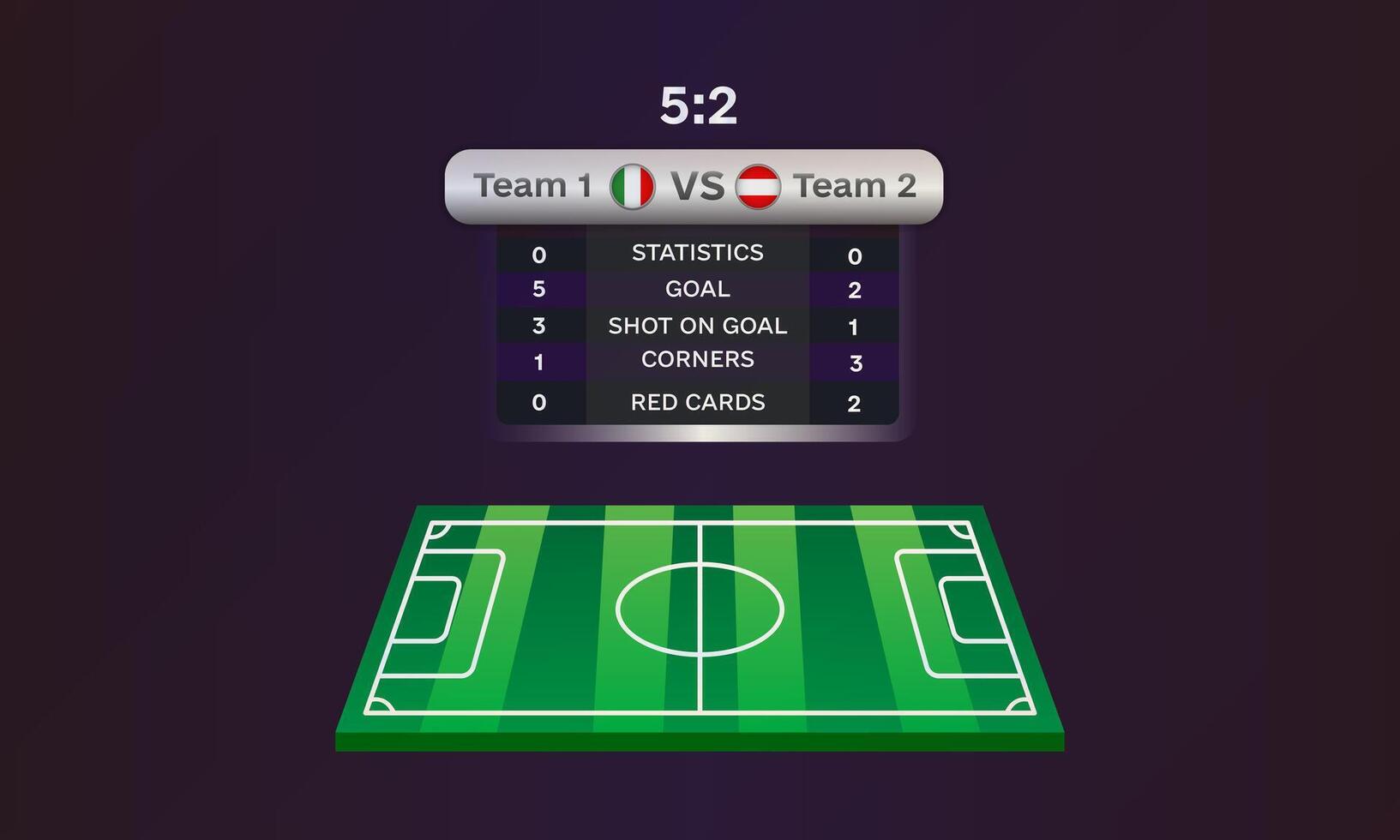 Football match scoreboard with team statistics and green soccer field illustration on dark background. Digital sports scoreboard template for design and print vector
