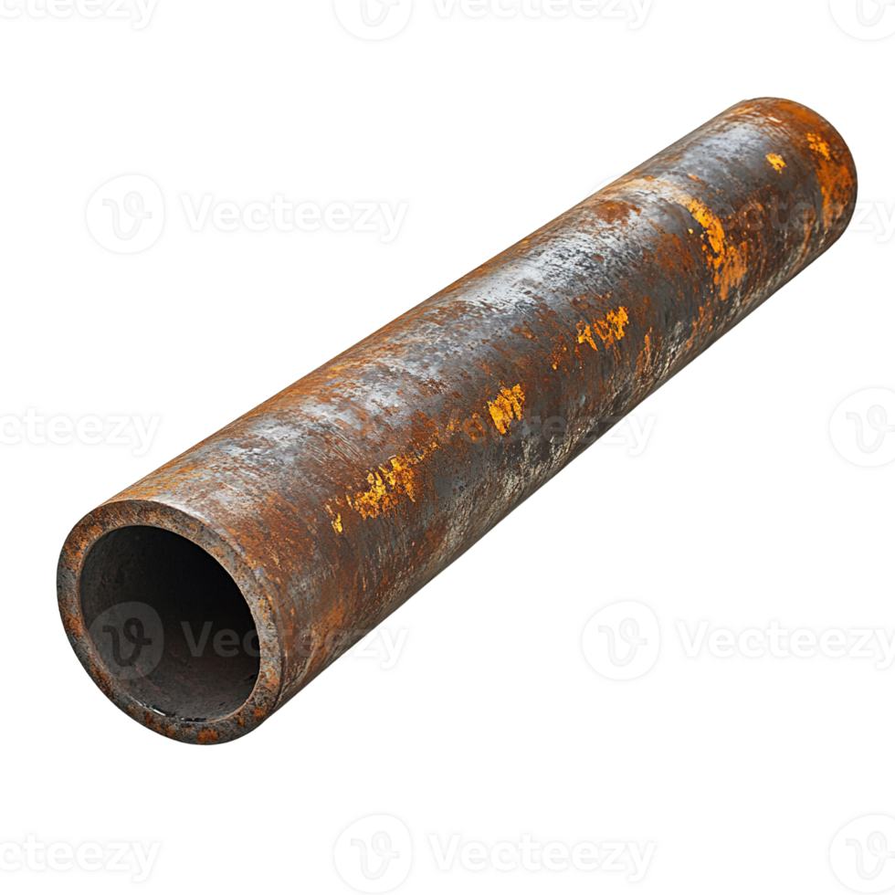 Aged metal pipe with rust stains and natural patina isolated on transparent background png