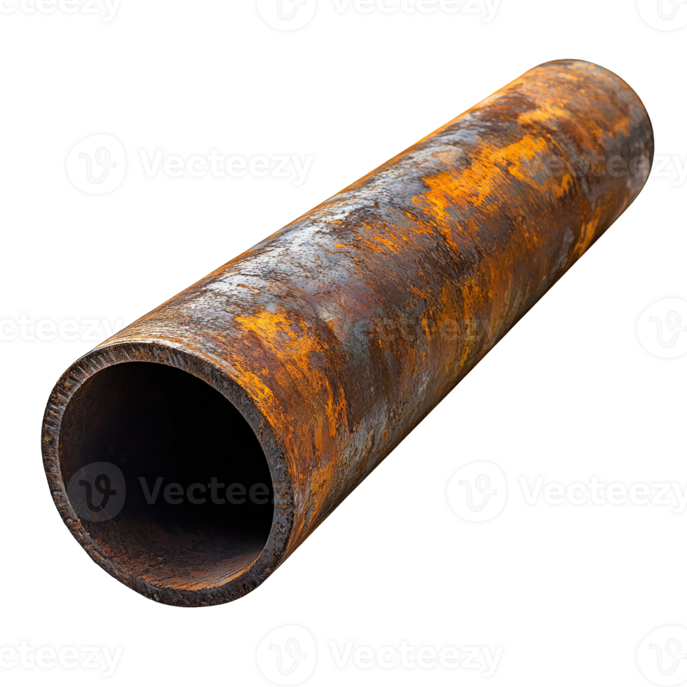 Rustic steel pipe with authentic rust marks and wear isolated on transparent background png