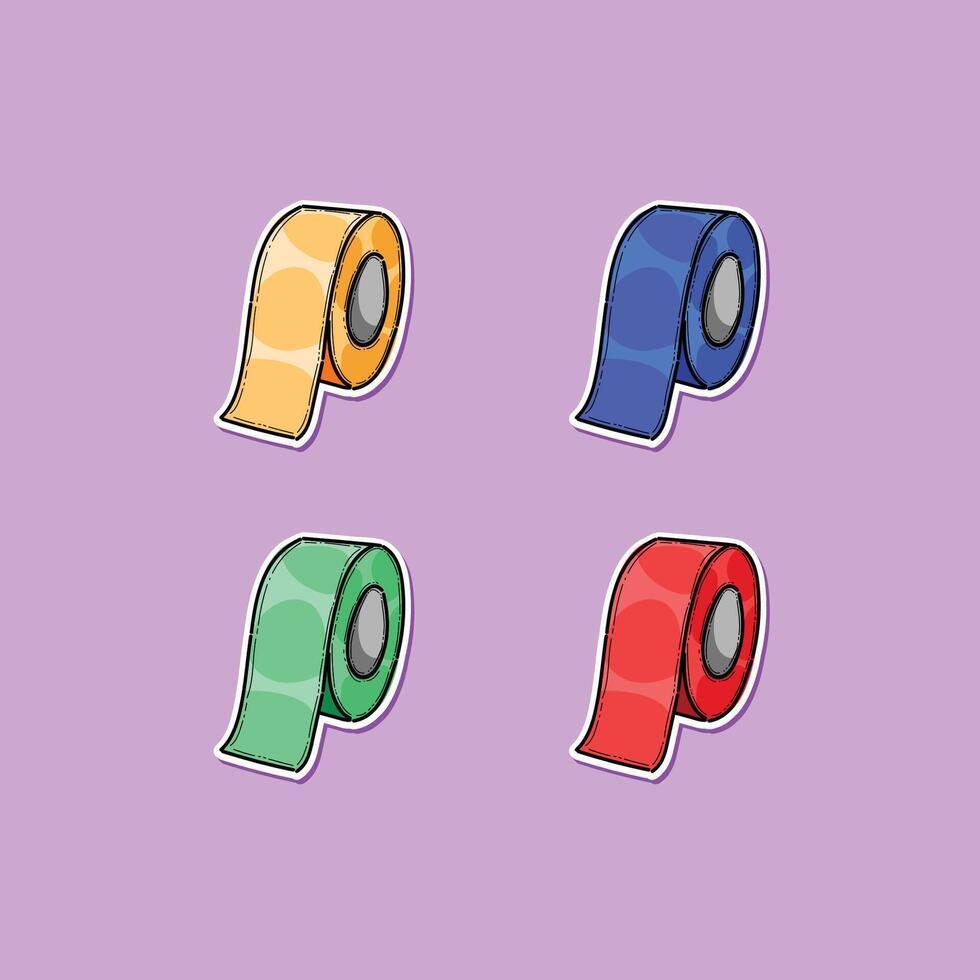 A set of vibrant rolls of art tapes in different colors, isolated on a purple pastel background. Perfect for designs emphasizing creativity, crafting, and artistic supplies. vector