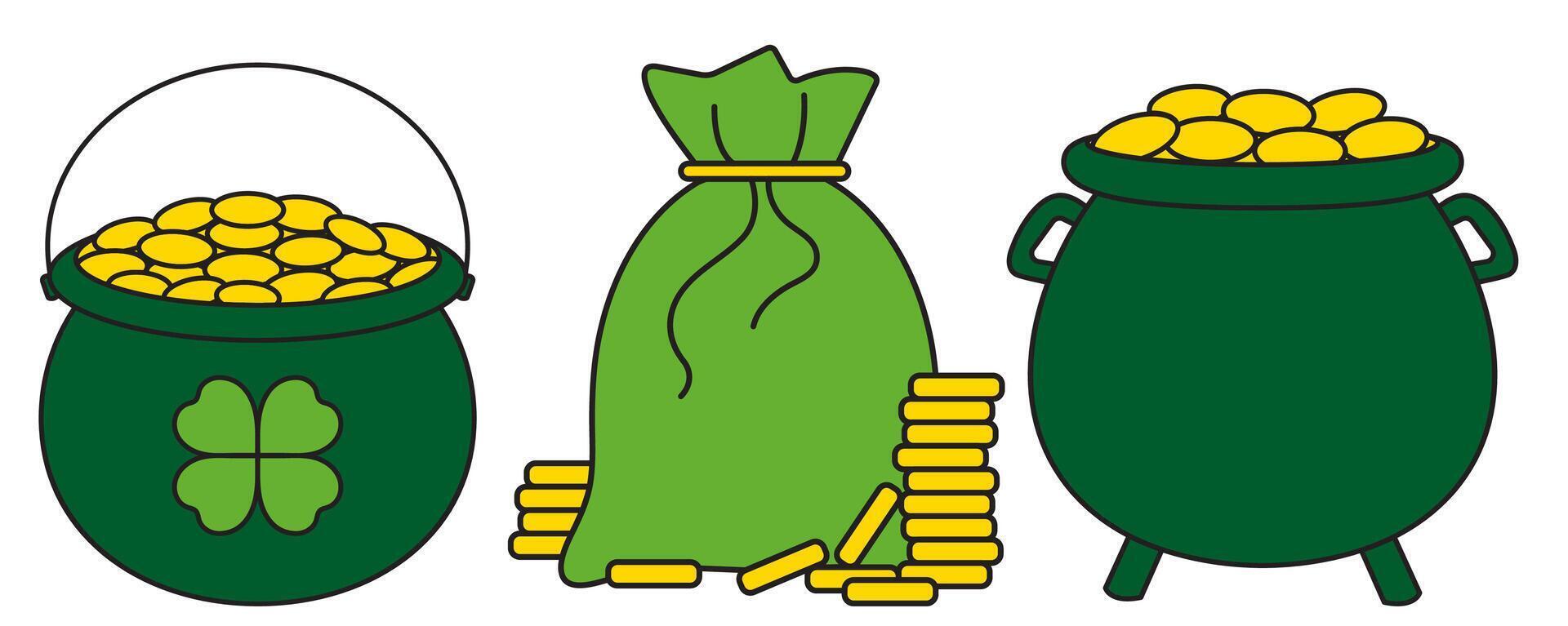 St. Patrick's Day, treasures, cauldron, full bag of gold coins, retro vintage style, set flat icon isolated on a white transparent background vector