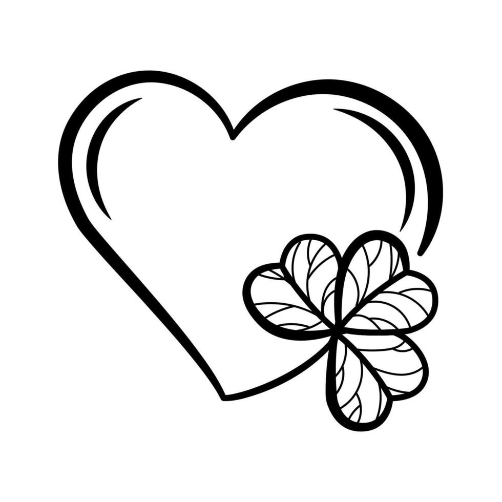 Minimalist Heart and Clover Symbol in Line Art Style symbolizing love and luck. illustration, ideal for greeting cards, icon, logo, print, tattoo, St. Patrick's Day designs vector