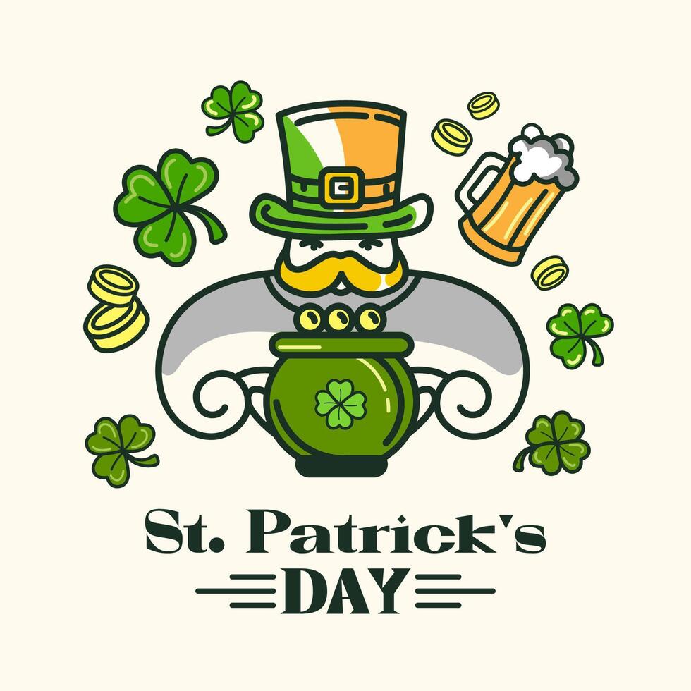 St. Patrick's Day concept illustration with a leprechaun, pot of gold, clovers, coins, beer mug in Minimal Line Art style for emblem, logo, holiday posters, social media,festive decorations. vector