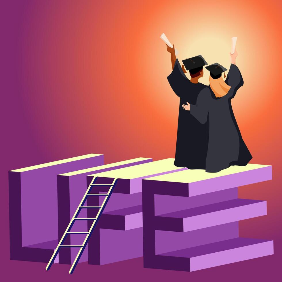 Two graduates in caps and gowns celebrating success on top of a structure words Life with diplomas raised, symbolizing achievement, education, future goals. educational content, success stories. vector