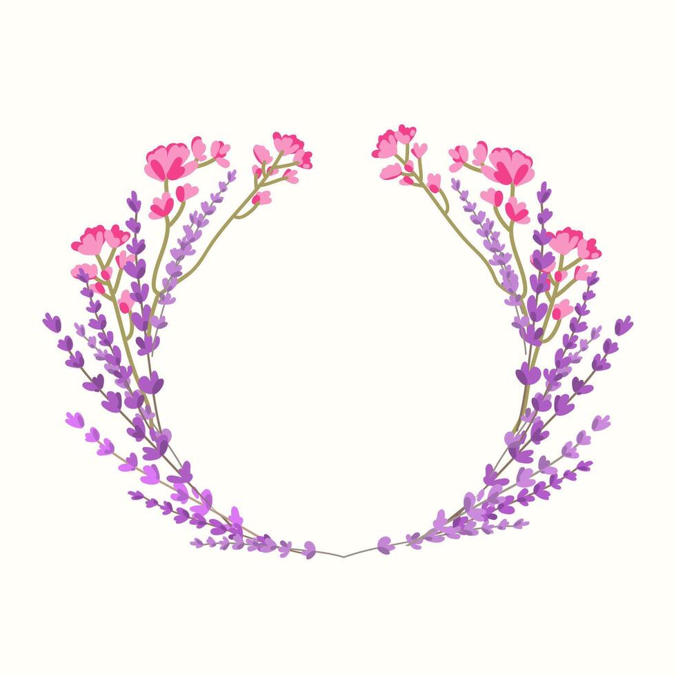 Elegant floral wreath made of lavender sprigs and pink wildflowers, creating a soft and romantic botanical frame. illustration, perfect for invitations, greeting cards, and wedding designs vector