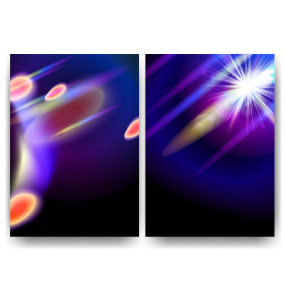 Set of backgrounds with neon light streaks, glowing effects, and lens flares on a dark backdrop for tech designs, digital art, and futuristic themes, poster, banner, cover design. illustration vector