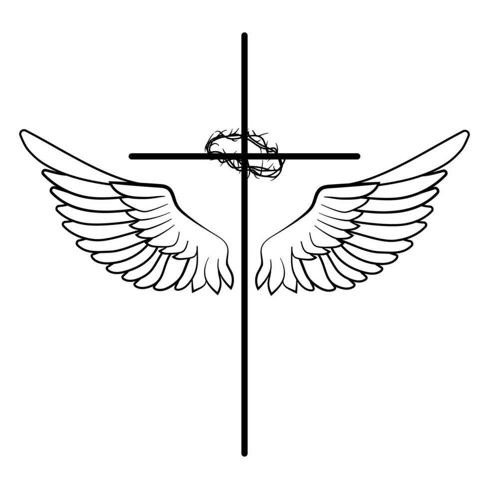 Christian cross with angel wings and a crown of thorns, symbolizing faith, sacrifice, and divine protection Line art. Black and white illustration for religious projects, logos, tattoo designs vector