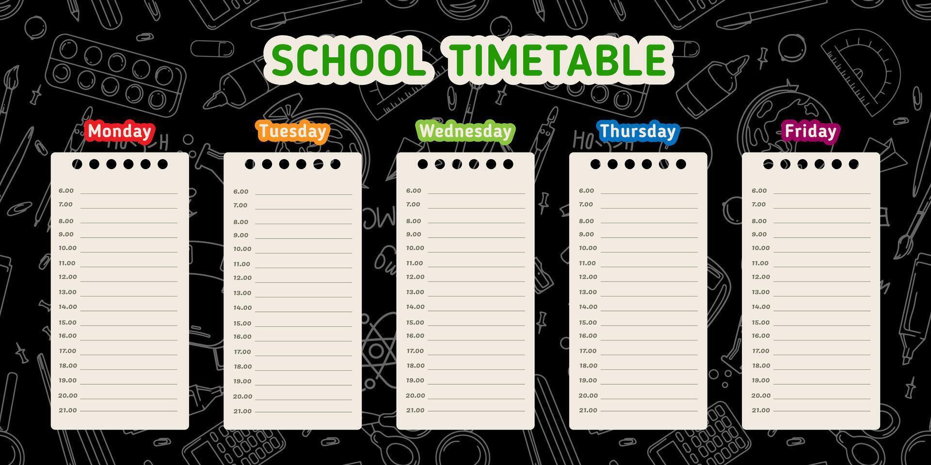 School timetable design with separate sections for each day of the week , time slots for organizing classes and activities for educational, school planners,student organization. illustration vector