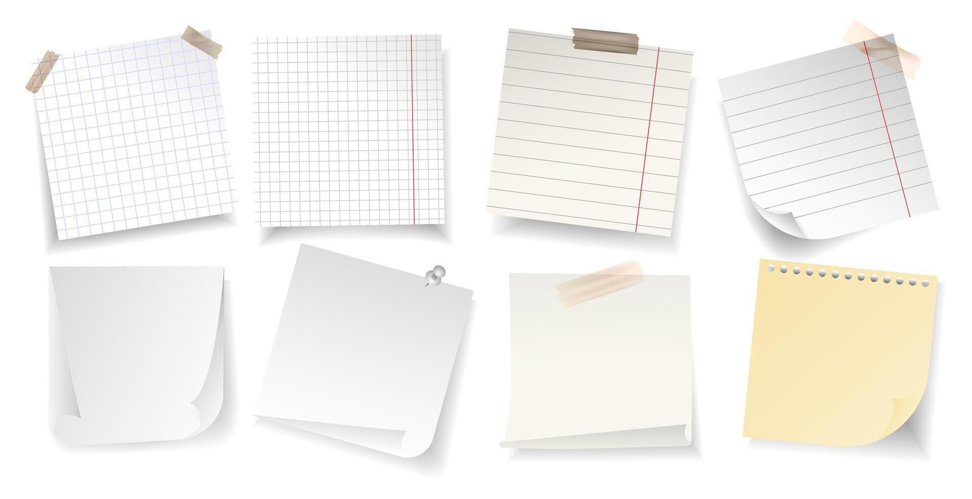 Blank paper notes with different textures, ribbons and curled corners realistic style collection, ideal for presentations, stationery design and educational materials. illustration vector