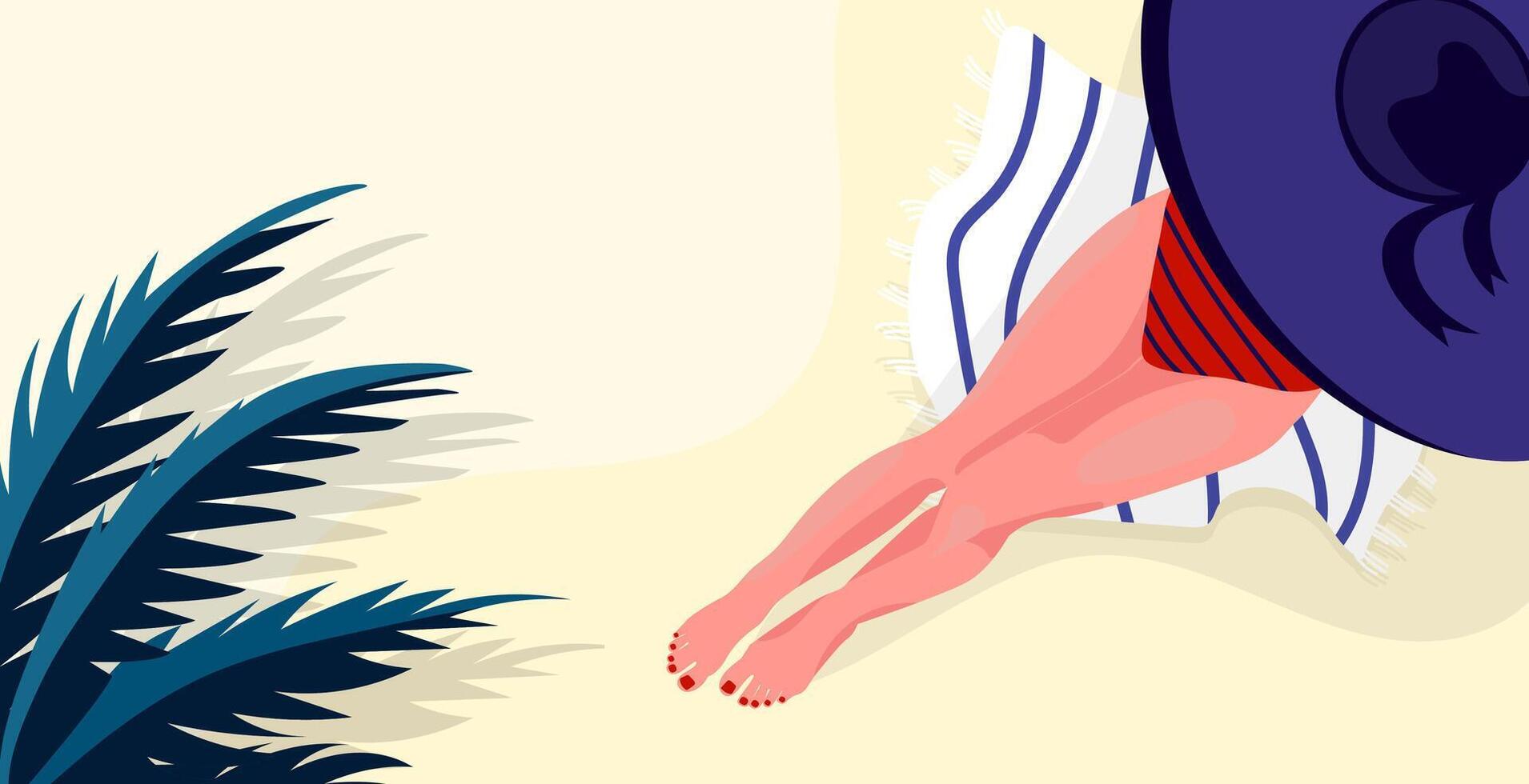 Woman relaxing on a sandy beach with a sun hat,towel, and palm shadows, evoking summer and vacation vibes. Summer time illustration for travel blogs, vacation ads, lifestyle,promotions.Travel vector