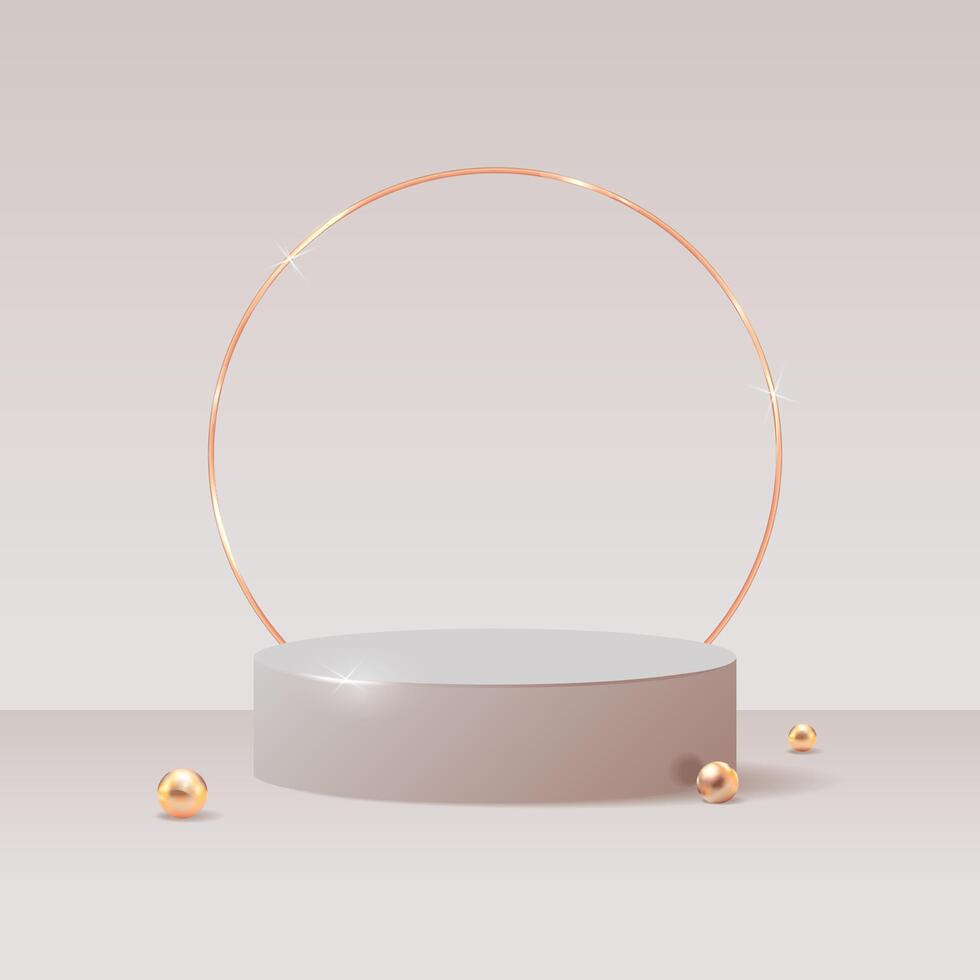 Minimalist beige podium with a golden circular frame, designed for product display, branding, advertising. for marketing materials, presentations, and luxury product showcases. illustration vector