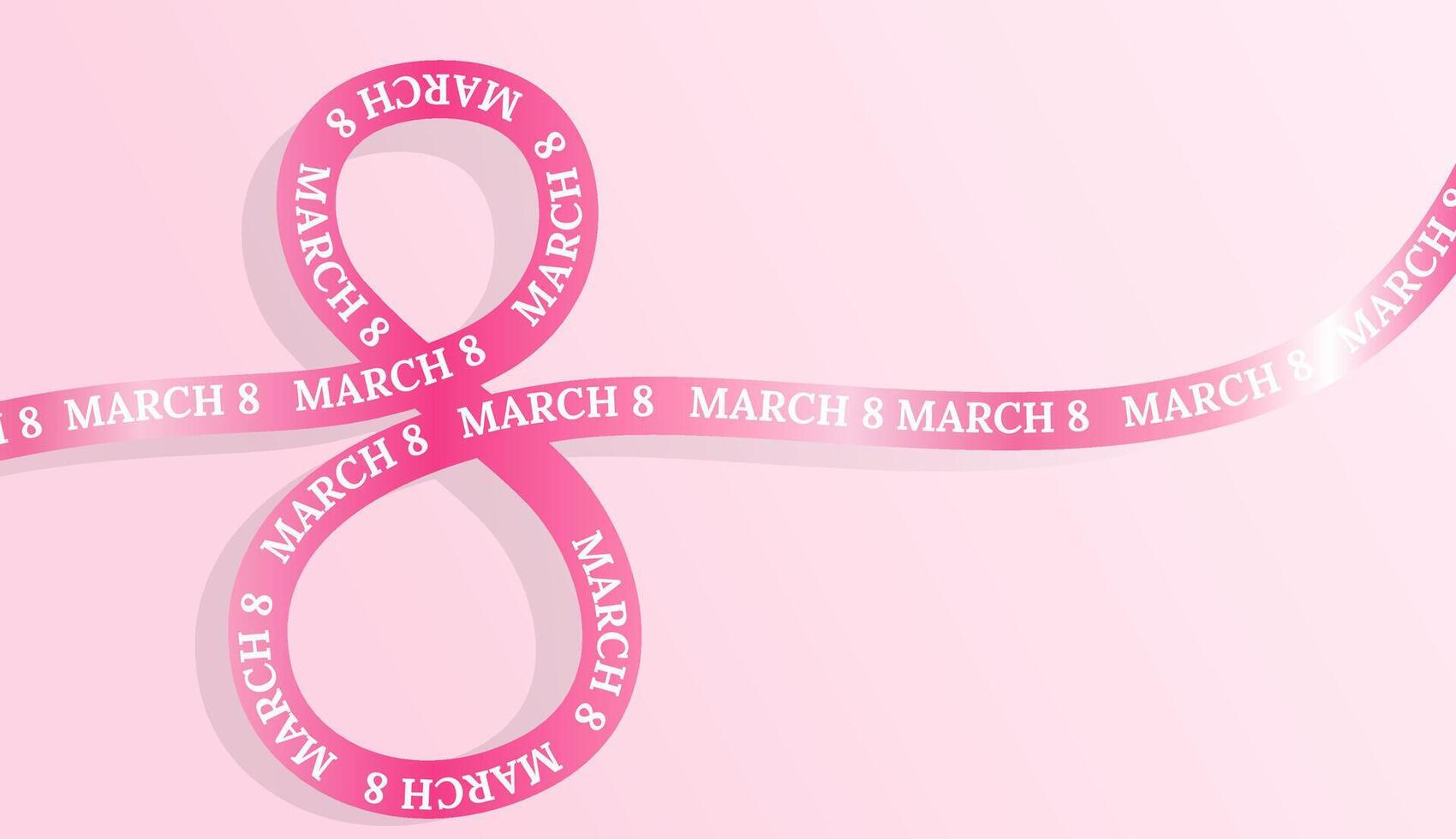 Pink ribbon forming the number 8 with text 8th March on soft pink gradient background representing International Women's Day. illustration for banner, website, holiday greeting cards, posters vector