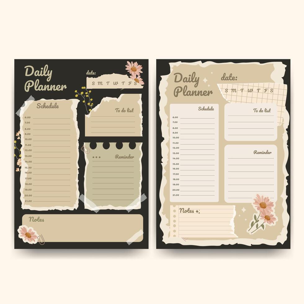 Vintage Daily Planner template set with wild flowers and dried flowers. Daily Planner with Schedule and To Do List, torn paper,sections for schedule, notes, and reminders,personal organization vector