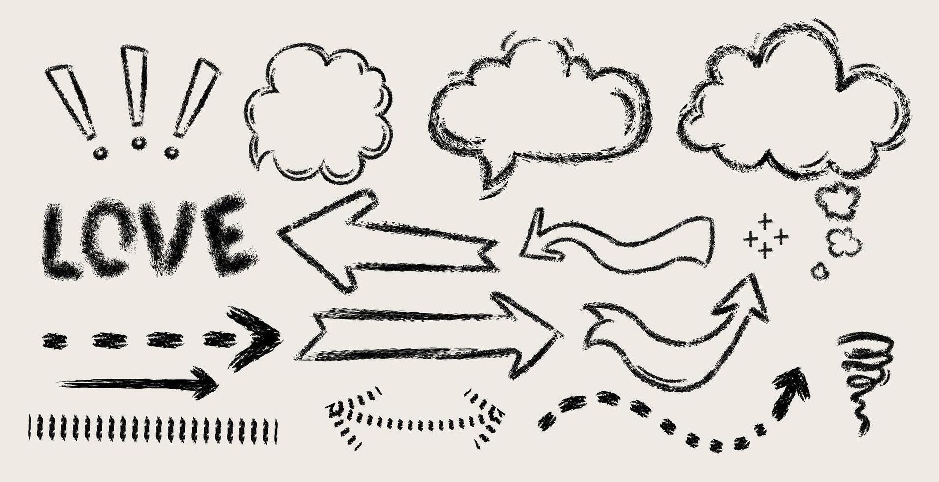 Hand drawn chalk or charcoal pencil doodle set featuring arrows, speech bubbles, symbols, and decorative elements in a sketchy style. Perfect for creative design,artistic projects. illustration vector