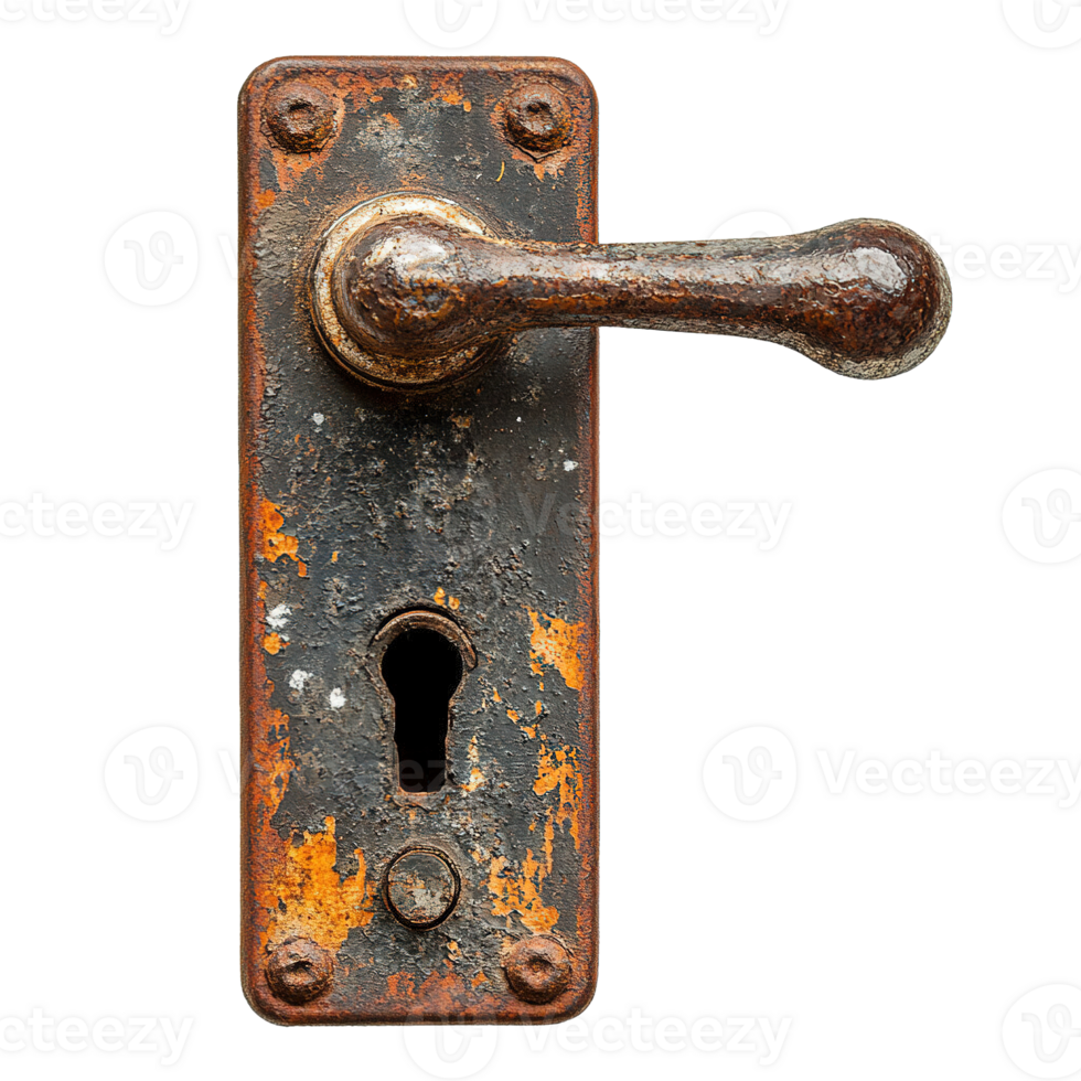 Tarnished old door handle with patina and corrosion details isolated on transparent background png