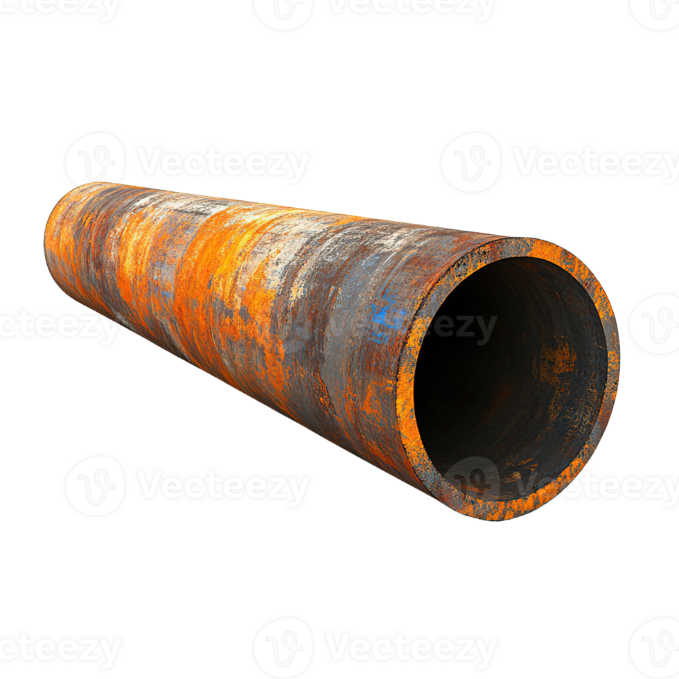 Rusty steel pipe with weathered surface and industrial texture isolated on transparent background png