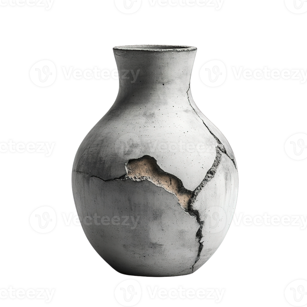 Raw Textured Concrete Vase with Dramatic Cracks Isolated on Transparent Background png