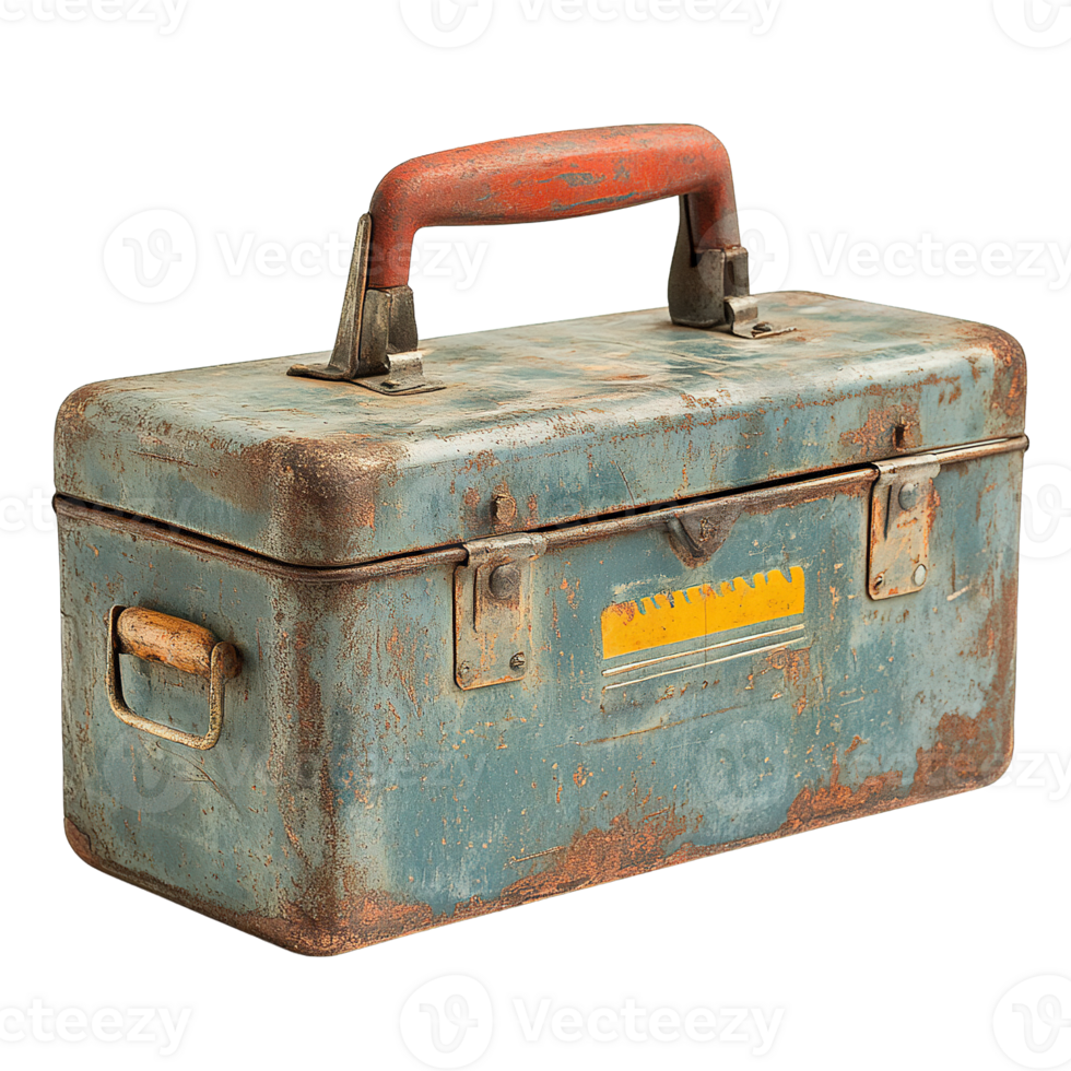 Antique metal toolbox with rusted hinges and textured finish isolated on transparent background png