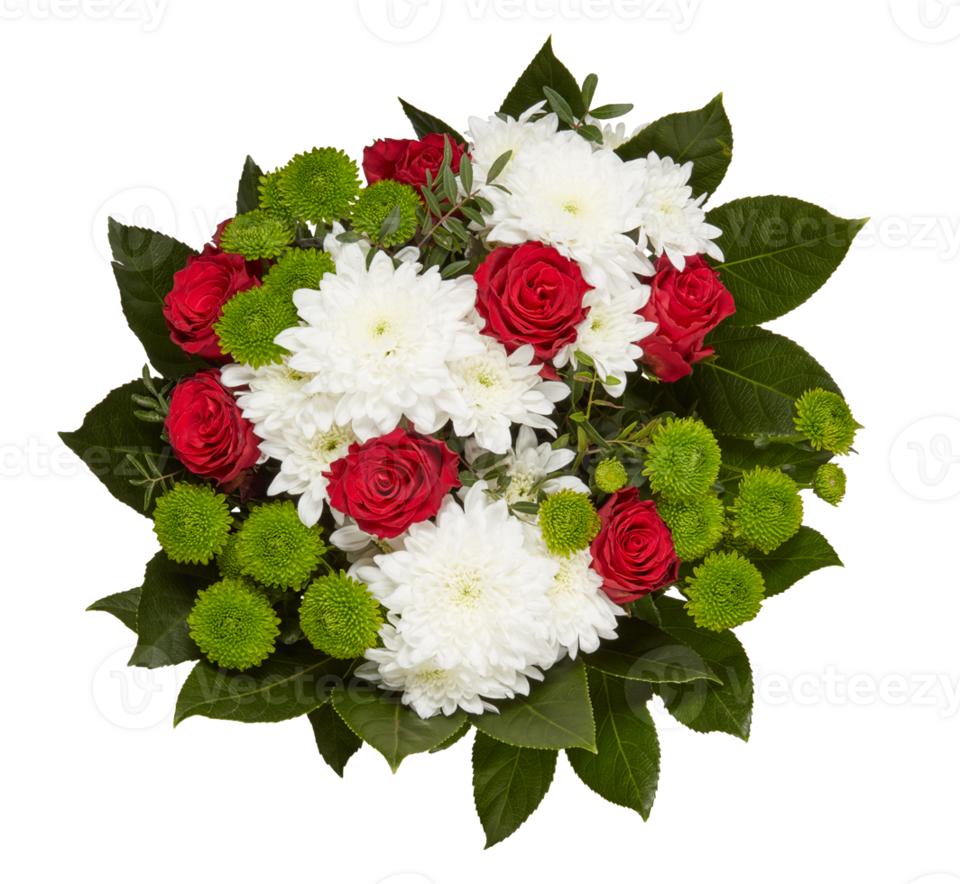Bouquet of red and white flowers, top view cut out isolated transparent background png