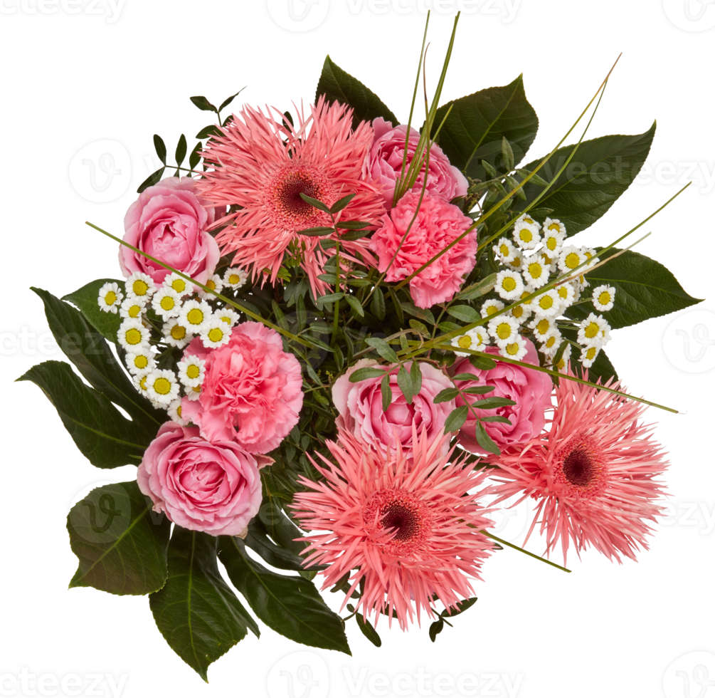 Pink flower bouquet, top view cut out isolated transparent background png
