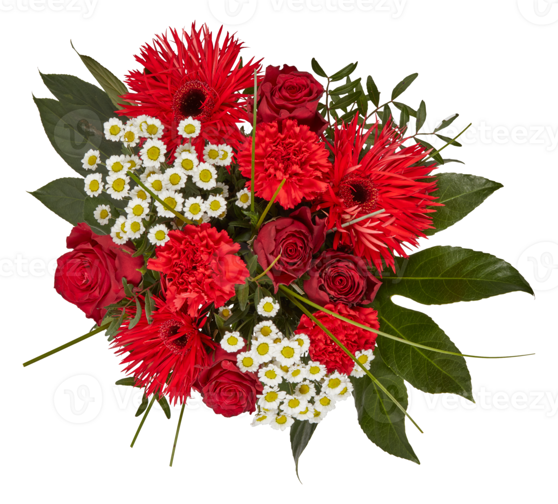 Red flower bouquet, top view cut out isolated transparent background png