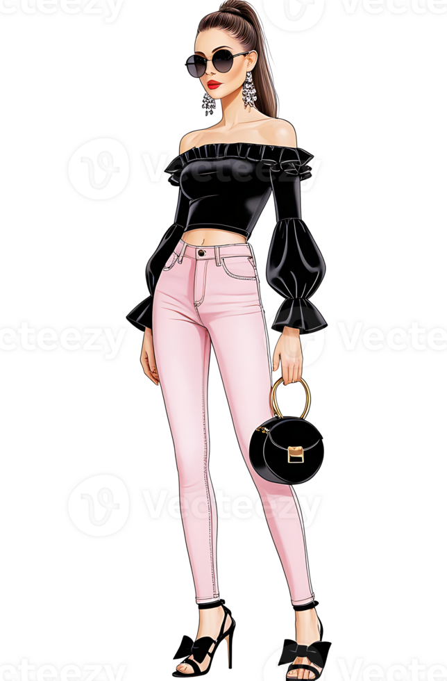 Stylish Fashion Model in Black and Pink Outfit png