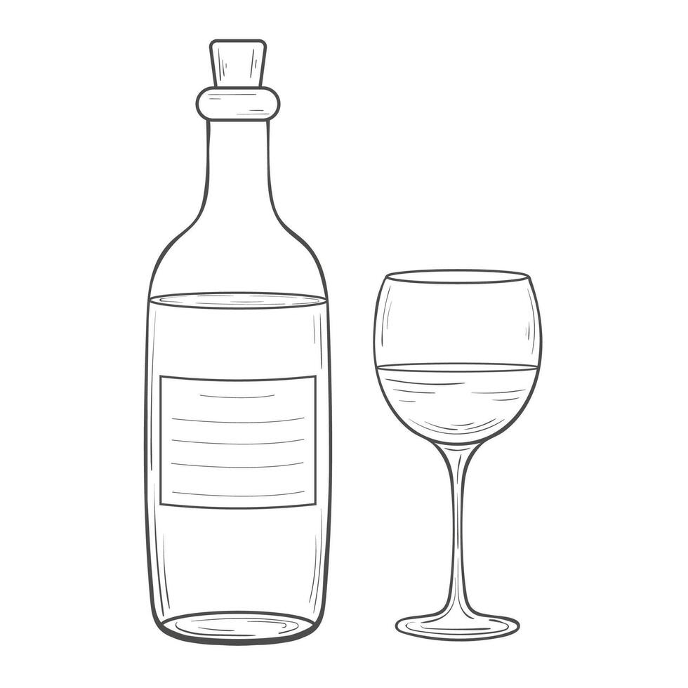 Simple outlined illustration of a wine bottle and a wine glass. Corked bottle of wine and a filled glass of wine hand drawn doodle illustration for design. coloring pages, books, articles, menu vector