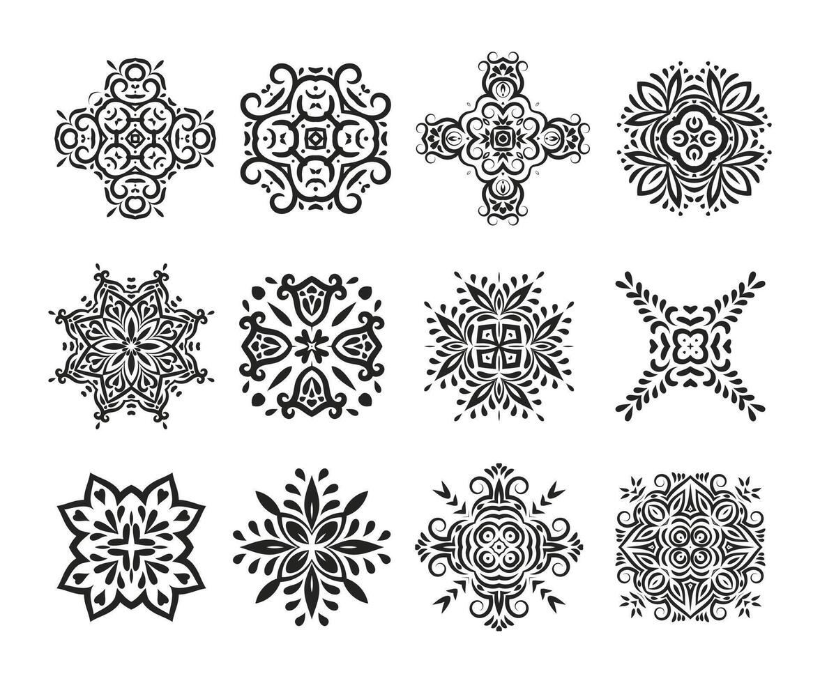 Set of ornaments in mandala or rosette design. Intricate, symmetrical compositions featuring stylized floral, geometric, and abstract elements for design, decoration vector