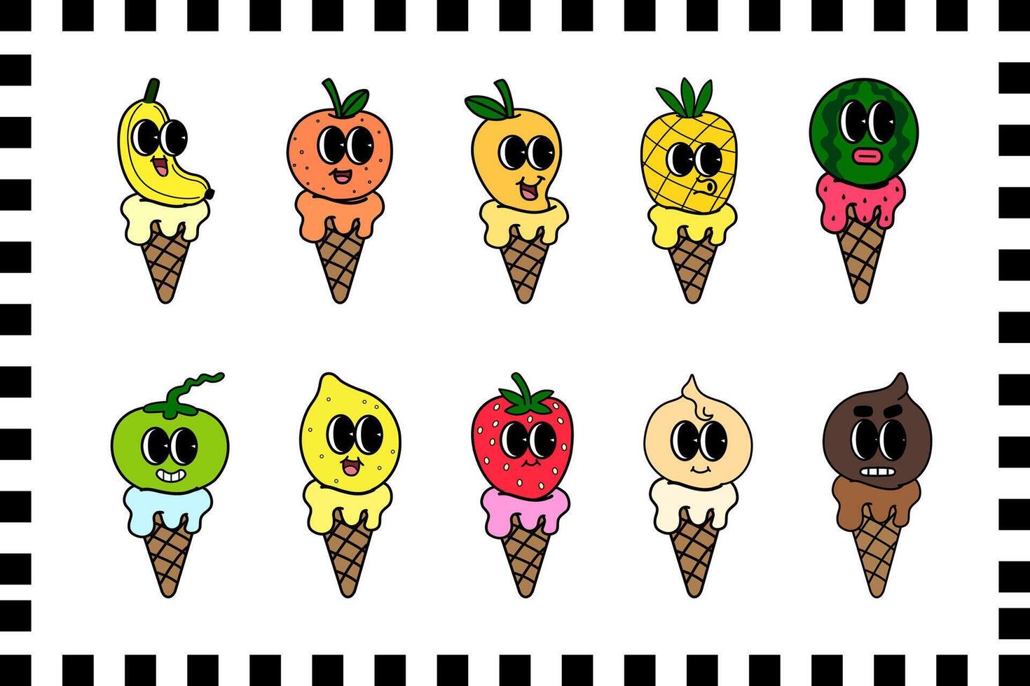 Whimsical retro groovy cartoon character Ice cream cone dessert menu food art vector