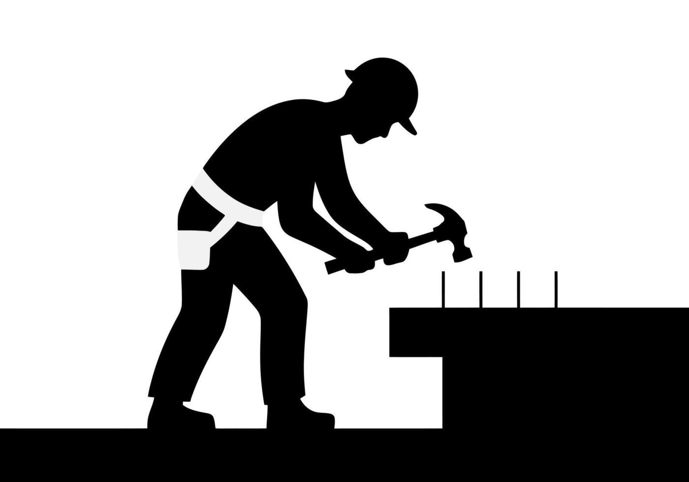 Silhouette of a construction worker hammering nails into concrete. vector