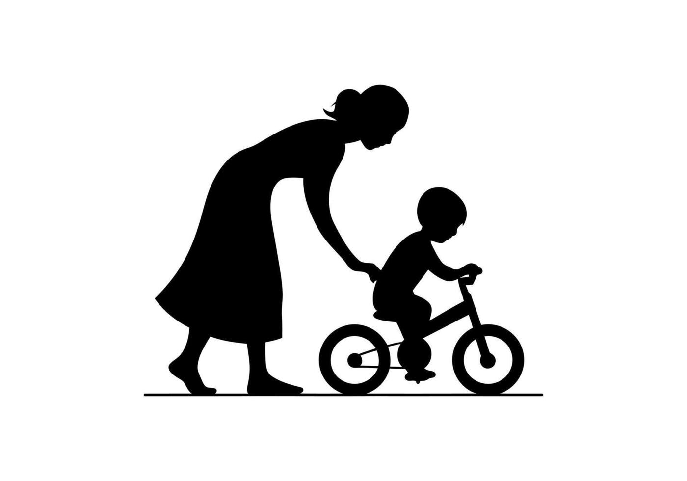 Mother Helping Child Learn to Ride a Balance Bike vector